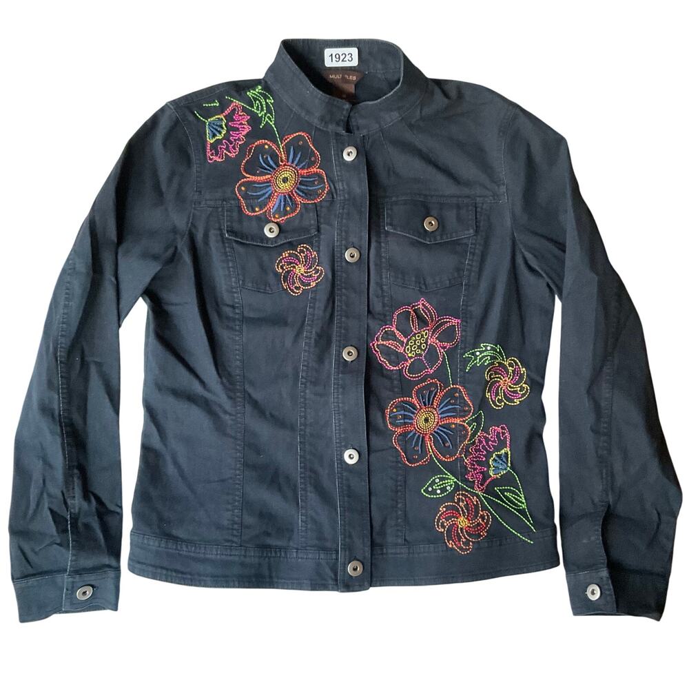 MULTIPLES Women’s Long Sleeve Denim Jacket size M, Blue, Embroidered Flowers